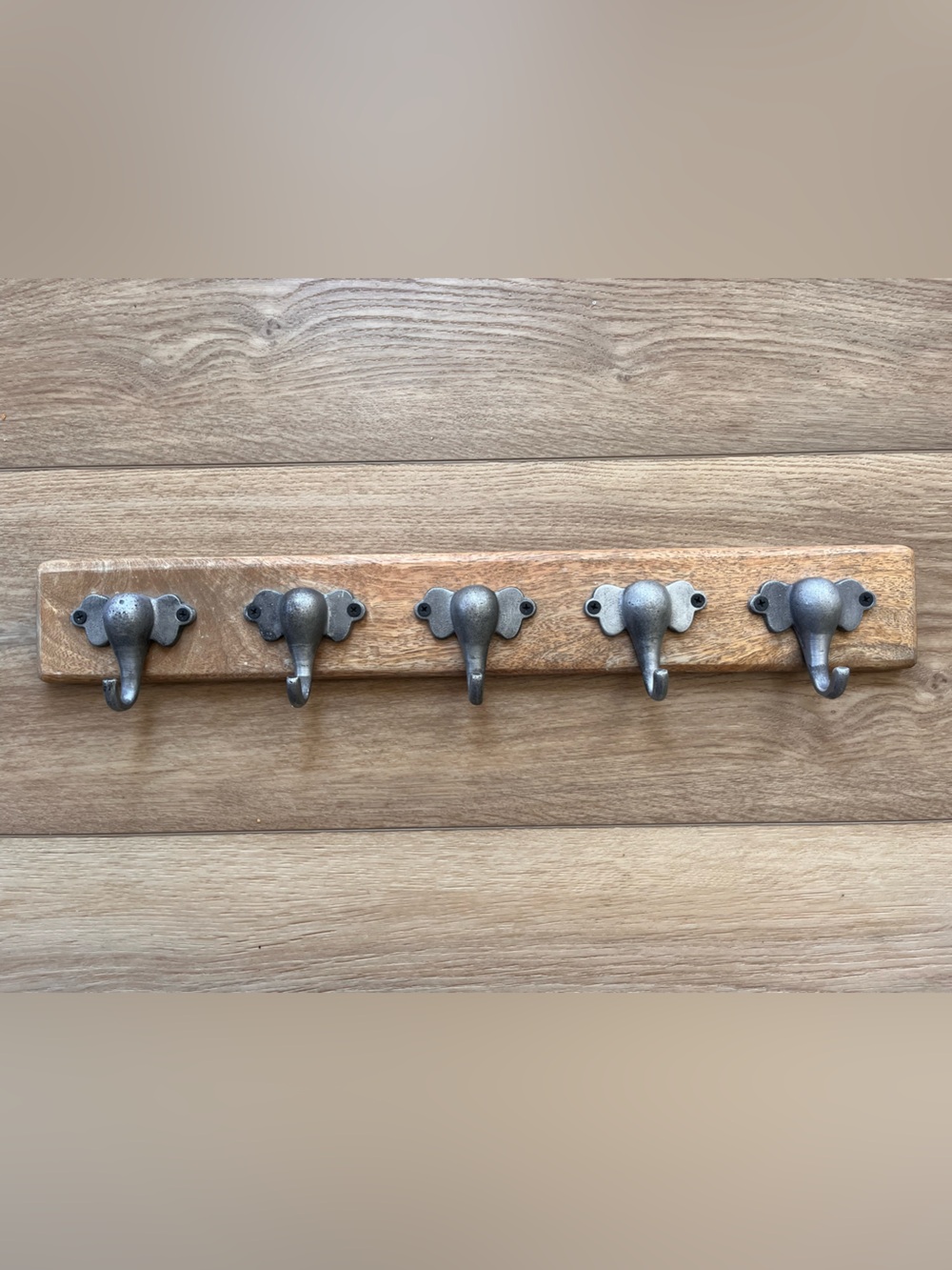 Cost Plus World Market Wood Wall Hook Rack with Elefant Shaped Metal Hooks